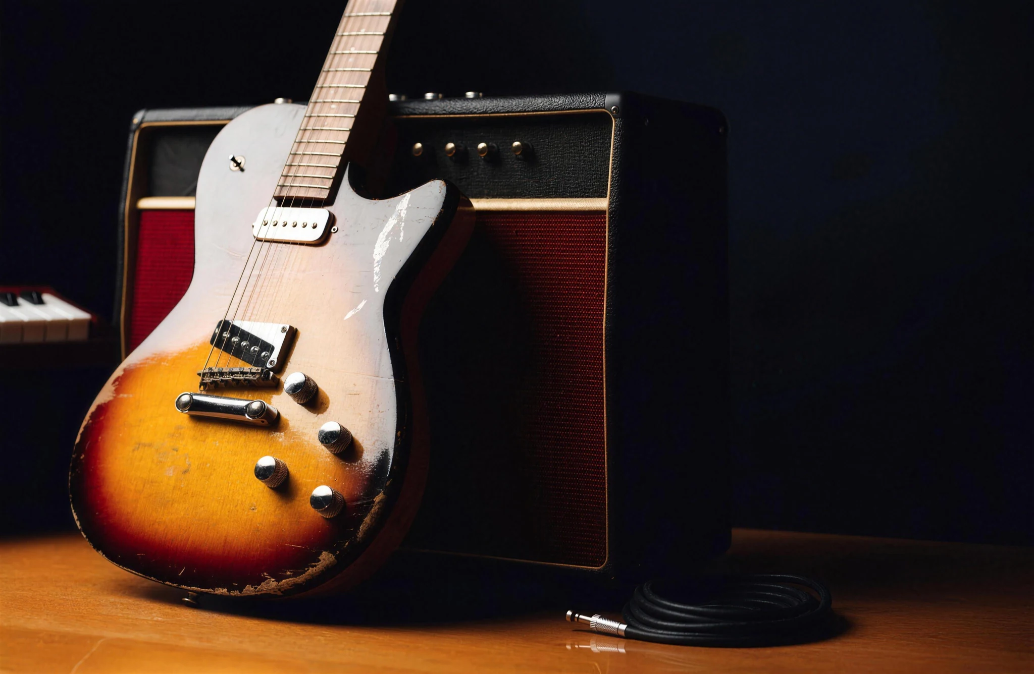 Vintage electric guitar, amplifier and instrument cable